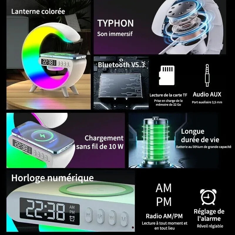 🔥Dernier jour 49% de réduction🔥Haut-parleur Bluetooth multifonctionnel - Lumière d'ambiance colorée Chargement sans fil et horloge Machine tout-en-un