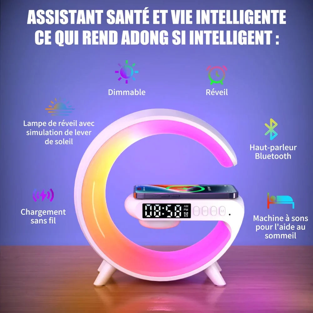 🔥Dernier jour 49% de réduction🔥Haut-parleur Bluetooth multifonctionnel - Lumière d'ambiance colorée Chargement sans fil et horloge Machine tout-en-un